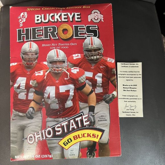 OSU Buckeye Heroes Signed Full Cereal Box Autographed by Hawk, Carpenter… - Picture 7 of 14